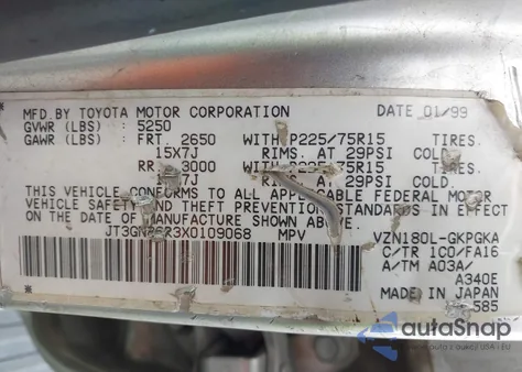 1999 Toyota 4Runner Sr5 V6 from USA, damaged, VIN JT3GN86R3X0109068